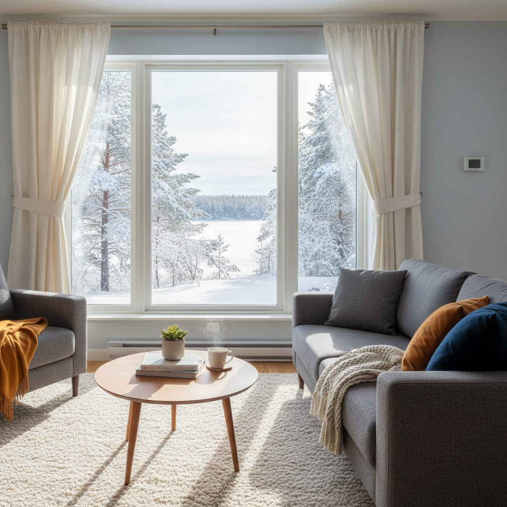 A cozy living room interior in winter, with large double-pane windows showing a frosty landscape outside, yet no condensation or drafts. A plush area rug, upholstered sofa, and thick curtains subtly framing the windows create a sense of comfort. Sunlight filters through the glass, casting gentle, warm light across the room without harsh glare. The camera is at a slightly elevated angle, capturing the entire space in sharp focus. Radiators and vents are unobtrusive, and the thermostat display is barely visible on a distant wall, implying efficient performance without showing text. The mood is calm, inviting, and professionally styled, communicating the benefits of high-quality insulation and energy-efficient upgrades.