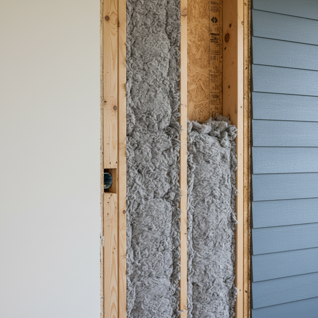 A cross-section style view of a residential exterior wall, photographed in ultra-realistic detail, showing dense packed insulation perfectly filling the stud cavities behind clean drywall and fiber-cement siding. The camera captures the edge of finished interior wall paint transitioning to exposed framing and insulation, as if part of the wall has been neatly cut away. Neutral studio lighting creates soft, even illumination with minimal shadows, emphasizing the textures of the insulation, wood grain, and smooth wall surfaces. The composition uses the rule of thirds to balance the finished interior with the exposed insulation, creating a clean, educational, professional atmosphere that highlights energy efficiency and proper installation quality.