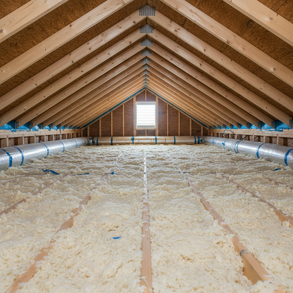 A pristine, newly insulated attic in a modern suburban home, with thick, even layers of light beige blown-in insulation covering the entire floor between neat wooden joists. The camera is at eye level, looking down the length of the attic toward a small gable vent and bright daylight spilling in. Soft, diffused natural light reveals the fluffy texture of the insulation and the clean structure of the rafters. Ductwork and air-sealed penetrations are visible, emphasizing efficiency. The mood is orderly, professional, and reassuring, with photographic realism and sharp focus throughout, conveying a sense of “comfort sealed in, energy sealed out.”