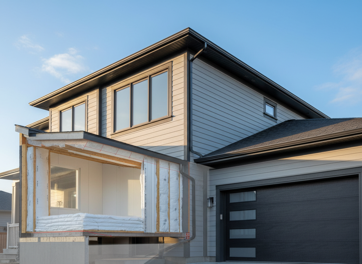 A sunlit, energy-efficient home exterior on a crisp day, photographed from a slightly low angle to make the house feel solid and well-protected. The structure features tight, well-fitted windows, an insulated garage door, and a well-sealed roofline with subtle ventilation details. Soft afternoon sunlight creates gentle highlights on the siding and roof, with a clean blue sky and a few soft clouds behind. In the foreground, a small, partially transparent overlay effect reveals a hinted cutaway of insulated walls and attic, while remaining fully photographic and realistic. The atmosphere is confident and professional, suggesting long-term durability, reduced energy costs, and interior comfort through proper insulation and air sealing.