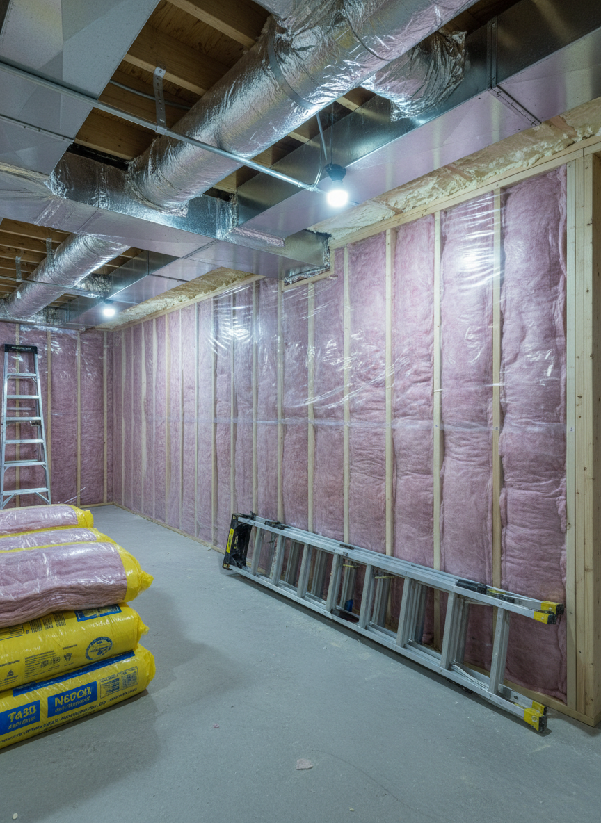 An unfinished basement in mid-renovation, showing professional insulation installation in progress without any workers visible. Sturdy metal ladders, neatly stacked rolls of batt insulation, and partially insulated stud walls line the space. The fiberglass batts are carefully placed between studs, with vapor barriers smooth and secured. Overhead, insulated ductwork and sealed rim joists demonstrate attention to detail. Cool, bright work lights hang from the ceiling, creating clear, even illumination and mild directional shadows that highlight textures. Shot from a wide, eye-level perspective to capture the entire workspace, the composition feels orderly and methodical, emphasizing craftsmanship, safety, and a high standard of energy-efficiency work in a realistic photographic style.